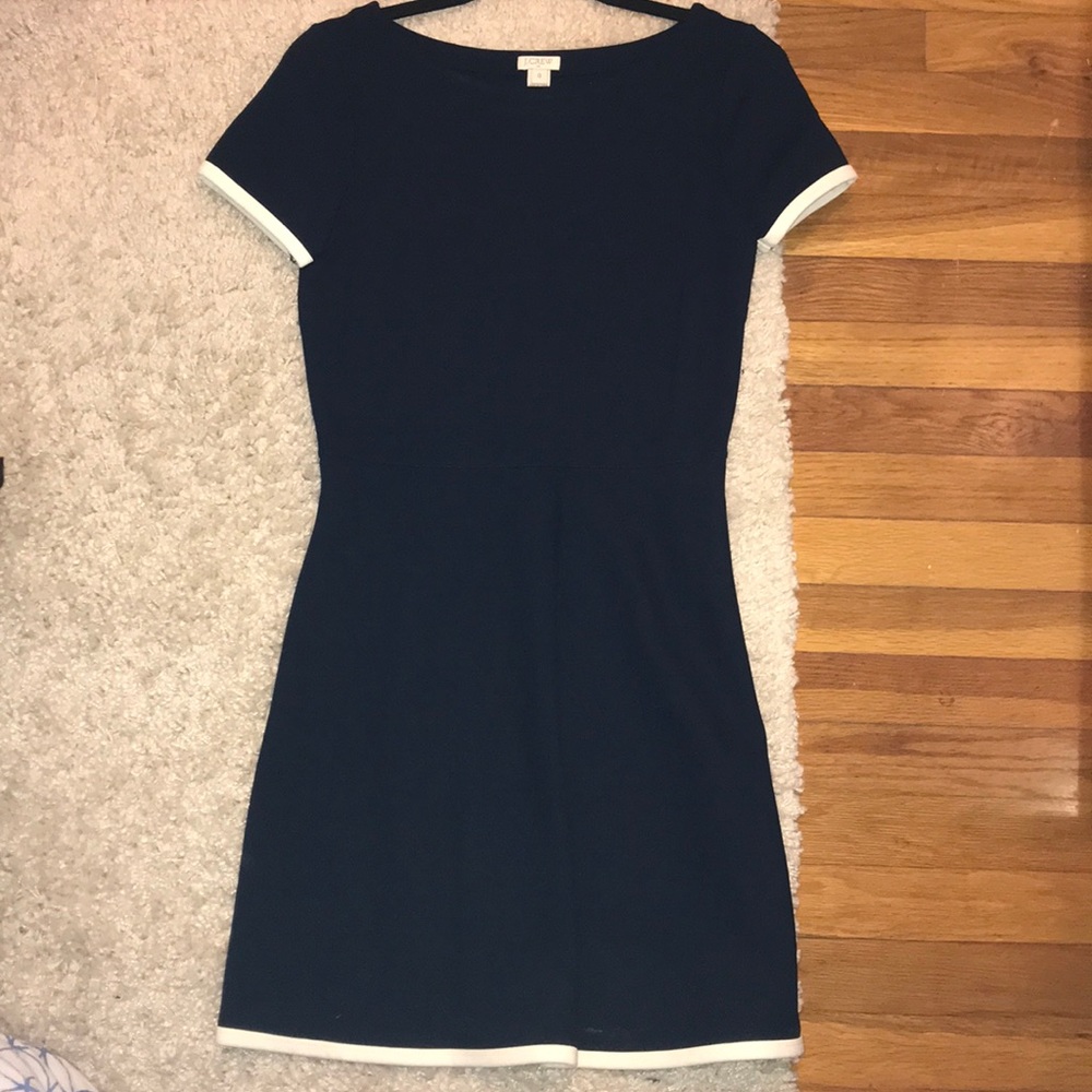 J. Crew navy blue dress with white outlining.